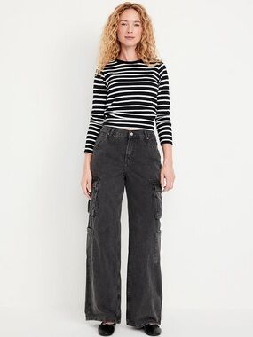 Old Navy Baggy Wide Leg Cargo Jeans Mid Rise Drapey Denim Size 14